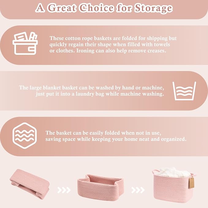 Goodpick Woven Rope Storage Basket for Shelves, Rectangle, Pink | 13" × 10" × 9" Stylish Gift Basket for Nursery, Bedroom & Bathroom Organization, Fits Toys, Towels & Baby Essentials Storage