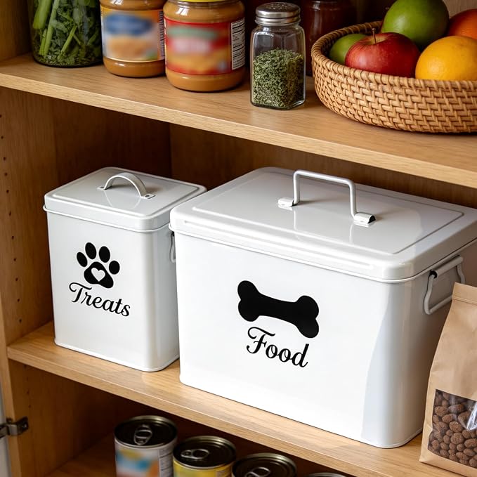 Dog Treat Container Set of 2, Airtight Metal Dog Food Storage Container (12-15 lb & 6-8 lb Capacity), Large & Small Kibble Storage Containers with Lid and 2 Scoops, for Dry Food and Treats (White)
