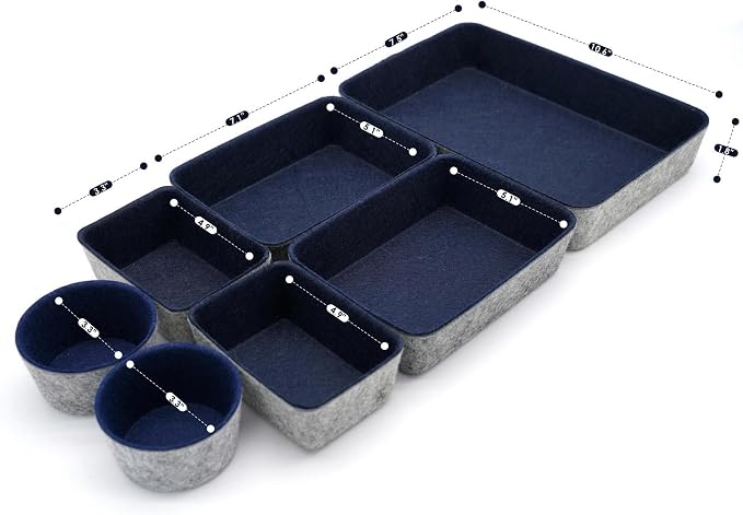Welaxy 7 Piece Felt Desk Drawer Organizer Storage Bin Navy Catchall Tray