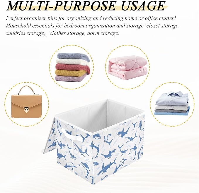 Fish Ocean Fabric Storage Bins with Lid Foldable Storage Boxes 40L Baskets | Decorative Storage Boxes, 300D Oxford Cloth, Hollow Board Frame, Flip Top Velcro Lid, 16.5x12.6x11.8 inch, Collapsible Design