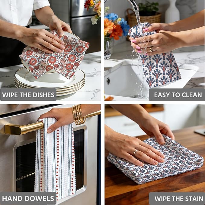 3 Pcs Retro Flower Kitchen Towels, Colorful Flower Soft Absorbent Hand Tea Towel, Microfiber Dish Cloths for Drying Dishes, Waffle Dish Towels for Kitchen Farmhouse Decor, Floral Gifts for Women Mom03