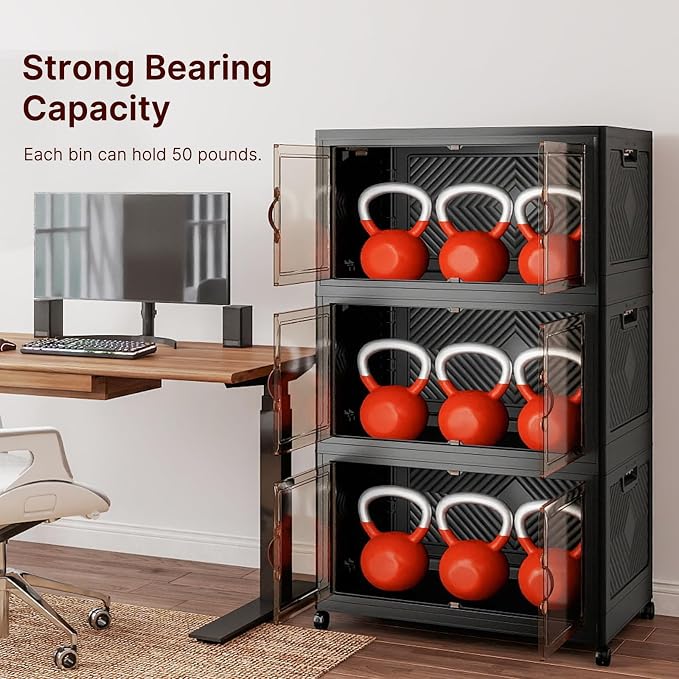 Stackable Storage Bins with Lids, 540QT Lockable Storage Cabinet | Folding Storage Box with Doors and Wheels, Collapsible Plastic Drawers for Home, Garage, Office