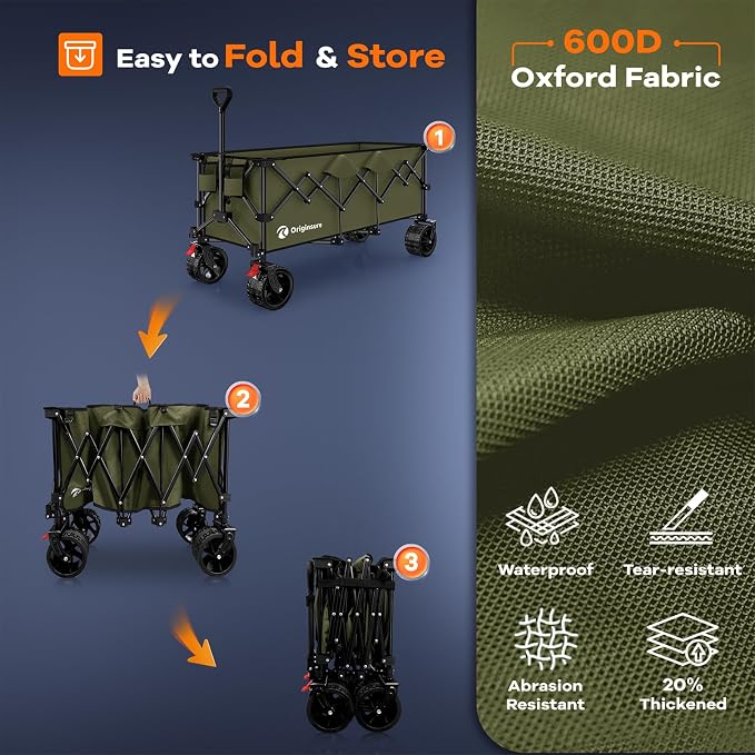 Originsure 300L Beach Wagons Carts Foldable with Big Wheels, 560lbs, Green | 48" Folding Utility Wagon,7" All-Terrain Wheels,Heavy Duty Frame,Compact&Space-Saving,for Camping,Sports,Grocery,Garden