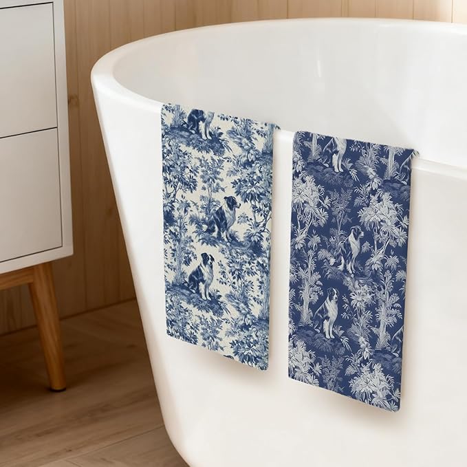 Australian Shepherd Kitchen Dish Towels Set of 2,Blue And White Floral Dog Towel Dish Tea Towels, Chinoiserie Decor For Kitchen Bathroom,Australian Shepherd Gifts For Dog Lover Mom Dad,16x24 Inch
