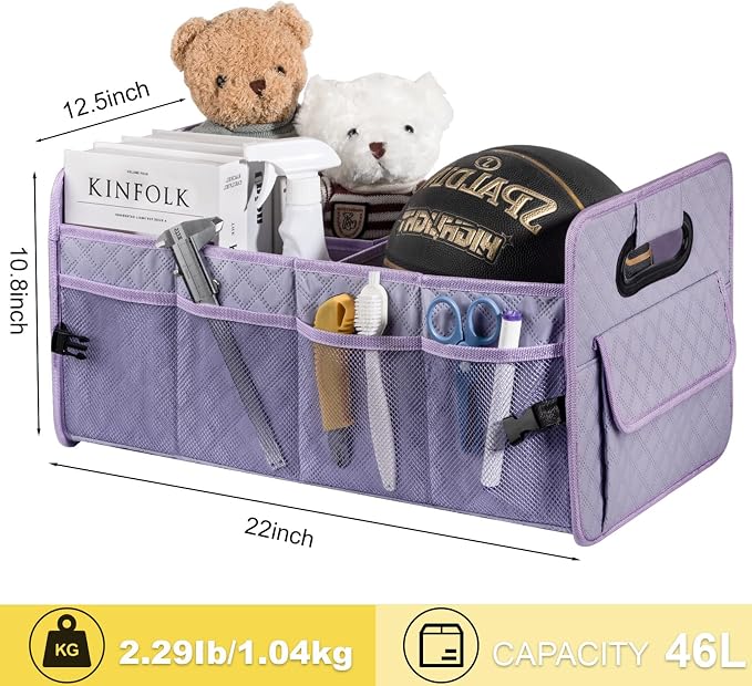 Car Trunk Organizer for SUV, Collapsible Car Storage Organizer Light Purple | Sturdy, Large Capacity, Diamond Decor, Multi Compartment Container Box Adjustable Car Accessories for Sedan Truck