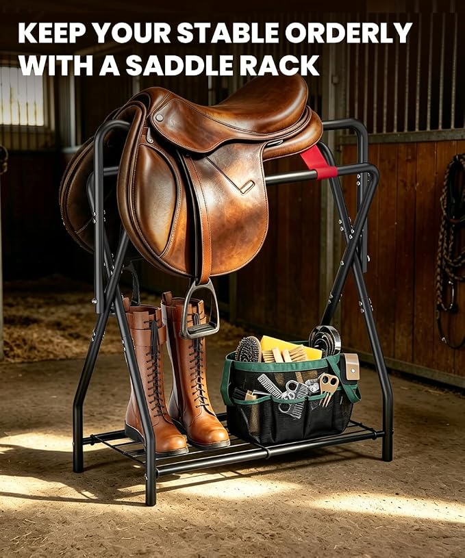 Portable Saddle Rack for English and Western Saddles, Folding Horse Saddle Stand with Bottom Storage for Horse Stable Equipment, Saddle Pad Rack, Black | Portable, High-grade Steel
