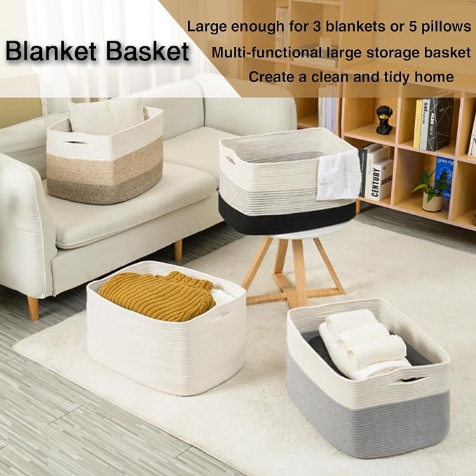 ICERZCZ Large Rectangle Blanket Basket, Large Storage Basket for Organizing, Cotton Rope Woven Basket for Storage with Handles, Baby Nursery Living Room Bedroom, 22βx17βx12β, 75L