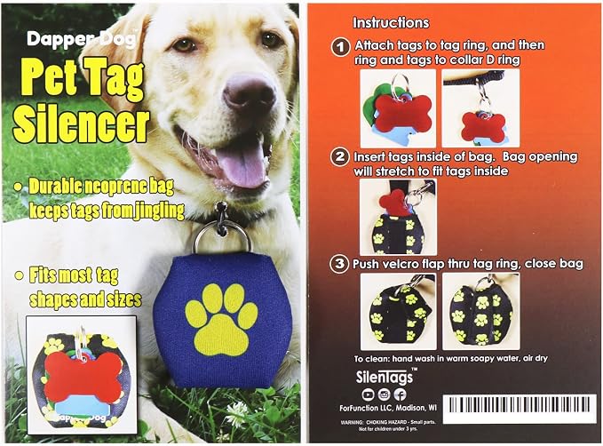 Dapper Dog - Dog Tag Silencer with Tag Ring (Dark Blue with Yellow Paw Print)