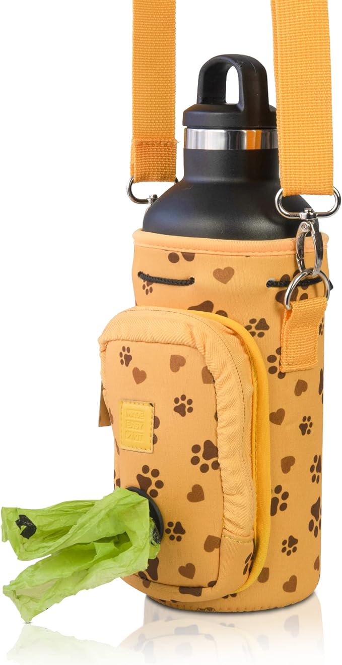 Made Easy Kit Water Bottle Carrier with Pocket for Dog Poop Waste Bags and Adjustable Padded Shoulder Strap (Large (32oz) with Bowl, Yellow, Paws & Hearts)