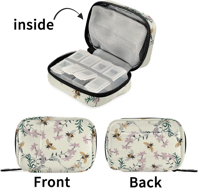 Floral Honey Bee Pill Box 7 Day Pill Case Travel Pill Organizer Bag with Zipper Portable Weekly Case Compact Size for Vitamin Supplement Holder