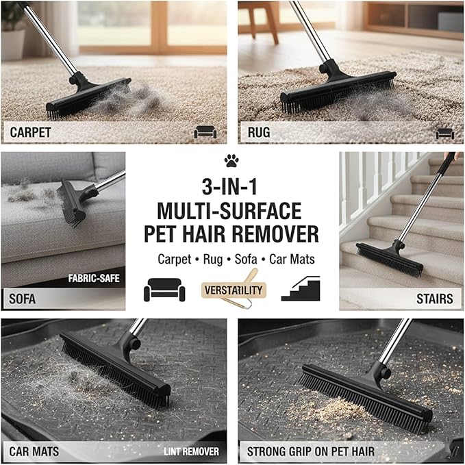 โ 3 in 1 Pet Hair Removal Pro Life Carpet Rake with Adjustable Handle โ Heavy Duty Dog & Cat Hair Remover for Carpet, Rug, Couch & Furniture โ Reusable Lint Scraper Tool