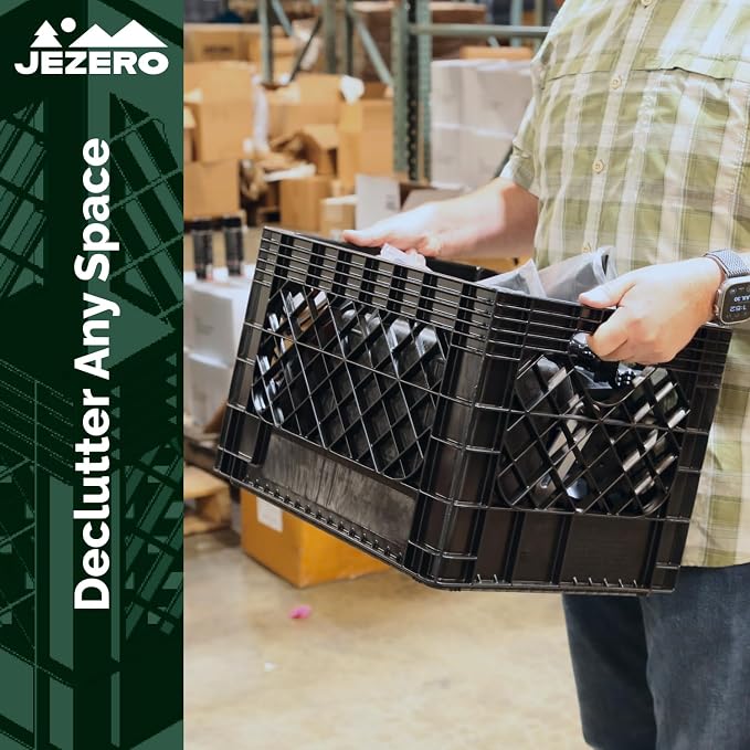 JEZERO 20 Quart 3-Pack Heavy Duty Plastic Crate | Stackable Multi-Purpose Storage Bin for Garage, Home, Office, Groceries, Outdoor, Camping & Kayaking | Black Utility Tote, 17" x 13" x 11"