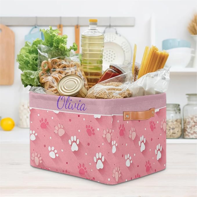 Personalized Name Storage Basket Handles for Girls, Canvas Storage Bins Toys Clothes Organizer for Bedroom, Kitchen, Bathroom, Nursery, Shelves, Closets, White Pink Dog Paw Print Pattern