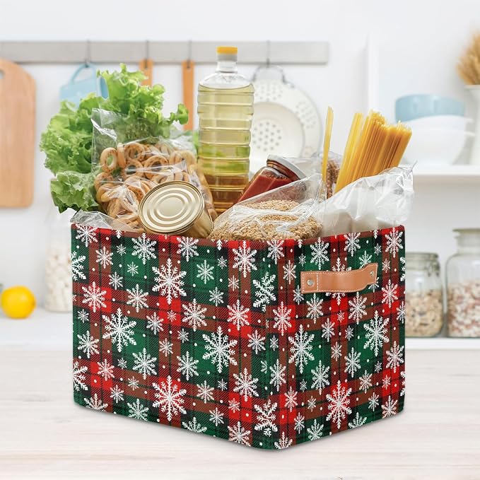 Pardick Christmas Red Green Snowflake Basket Storage Bins Large Fabric Toys Storage Cube Box with Handles Collapsible Closet Shelf Cloth Organizer Basket for Nursery Bedroom Bathroom Holiday Gift