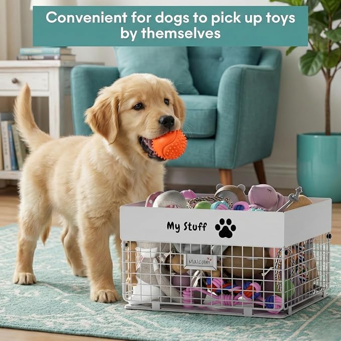 qeerable Dog Toy Box- Metal Toy basket for Dog - Dog Toys Storage Bin for Pet - Personalized Large Dog Toys Basket for Puppy and Pet- White Chew Resistant Dog Toy Chest & Organizer