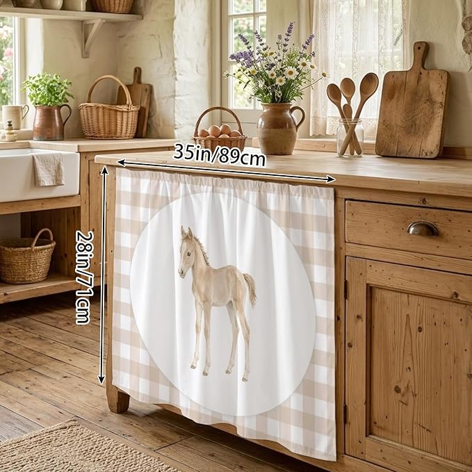 Graceful Pony Oven Skirt Curtain for Kitchen Decor 28"x35", Natural Horse Modern Farmhouse Plaid Rustic Self Adhesive Stove Curtains Skirt Cabinet Curtains for Bathroom Laundry Room