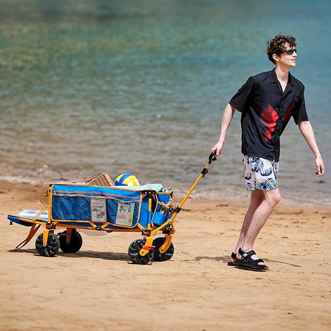 Old Bahama Bay 300lbs Extra Long 49" L Beach Wagon with Big Wheels with Brake for Sand, Collapsible Utility Beach Cart Heavy Duty Folding Wagon,Ideal for Outdoor Sand Camping Garden Pet