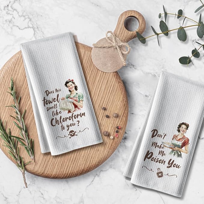 Funny Retro Housewife Kitchen Towels | Exclusive Humorous Pattern | Absorbent Decorative Tea Towels 16x24 Inch 2Pack Microfiber Kitchen Decor Housewarming Gifts for Women Men