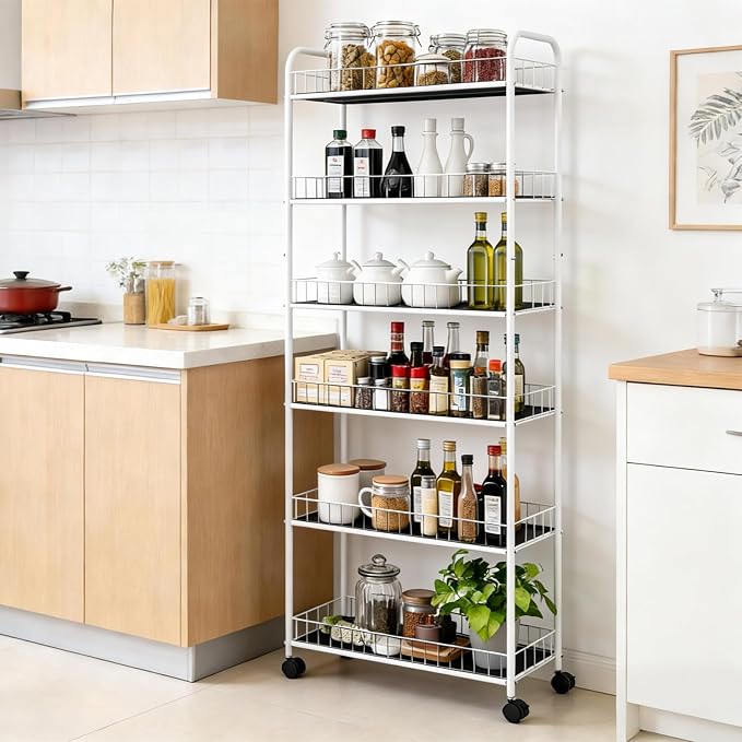 10in 6 Tier Slim Storage Cart with Wheels,White Narrow Space Rolling Shelving Unit, Metal Wire Mobile Organizer Rack for Kitchen Bathroom Office Laundry