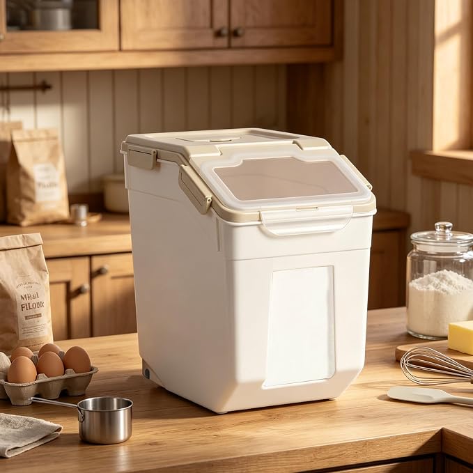Saim 50lb Flour & Rice Storage Container Bin (4Pack Grey) | BPA free plastic with seal lid, rolling wheels and measuring scoop for rice, flour, cereal and grain one-hand scooping