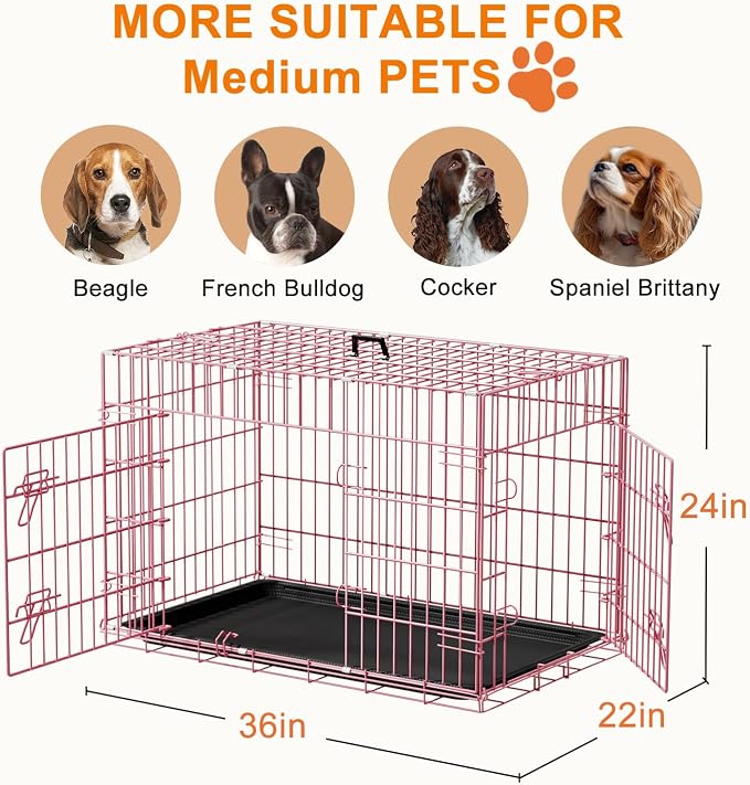 FDW Dog Crate 36inch Dog Cage Foldable Metal Kennel with Leakproof Tray Foldable Design Indoor Outdoor Use for Medium Dogs,Pink