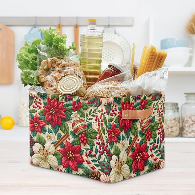 Christmas Basket Storage Bins Rectangle Canvas Basket Cube Storage Box | Nursery Foldable Basket with Handle for Kids Girls Boys Toys Living Room Closet Organizer Shelf Gifts Poinsettia Bell