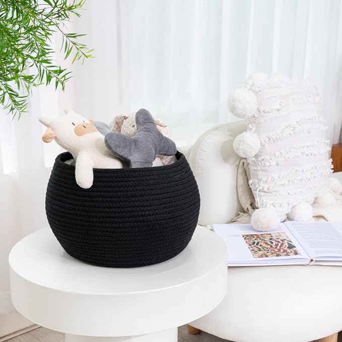 Goodpick Round Woven Rope Storage Basket for Shelves, 10" x 8.3", Black | Decotative Small Basket for Toy Storage, Baby Gift Basket with Handles, Fits Living Roon & Nursery Décor, Plant Baskets