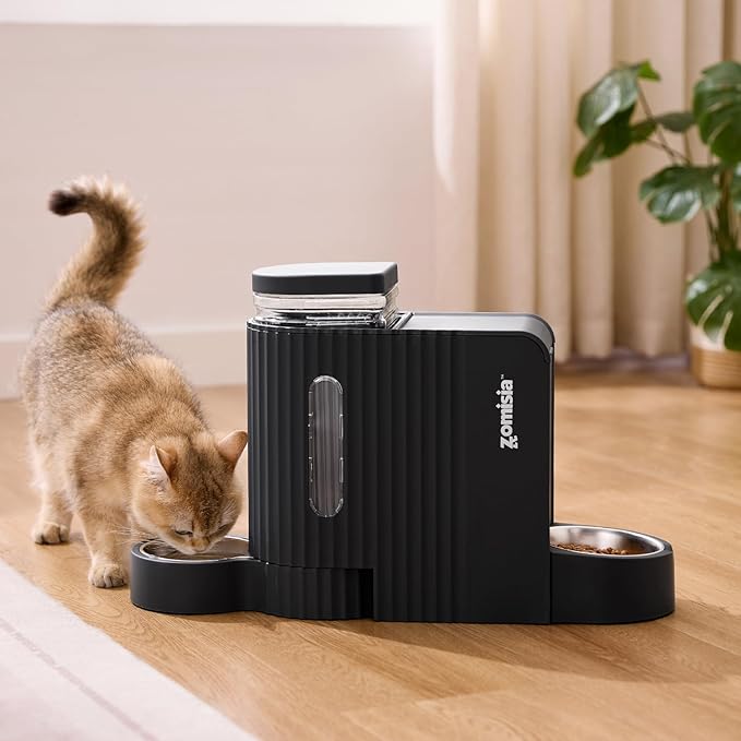 ZOMISIA Gravity Cat Feeder and Water Dispenser with 304 Stainless Steel Bowls, 2 in 1 Automatic Cat Feeder with 180 Degree Rotatable Water Bowl, Large Capacity for Puppy Kitten Rabbits, Black