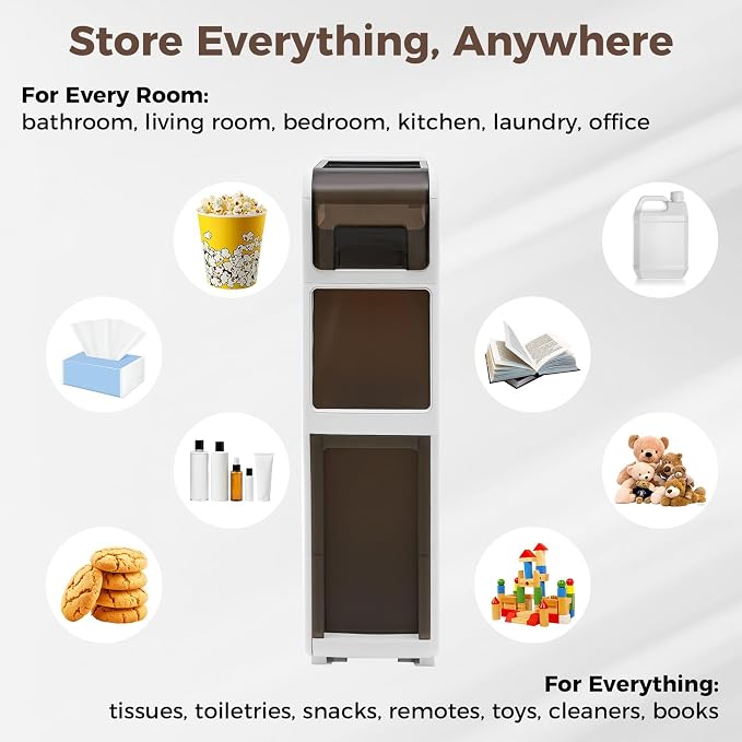 Slim Bathroom Storage Cabinet with Trash Can, Narrow Movable Waterproof Bathroom Floor Cabinet with Toilet Paper Holder for Bathrooms Toilet (15.1 * 6.9 * 25.2in)