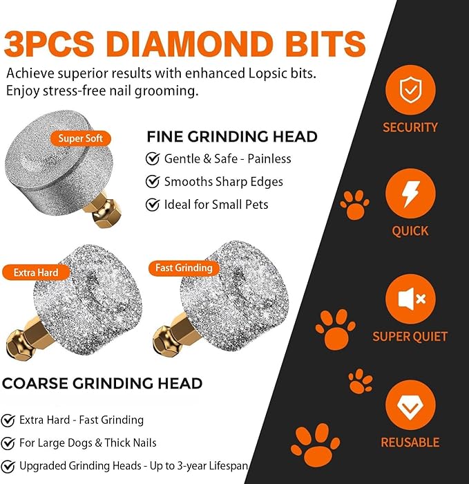 LOPSIC Dog Nail Grinder Replacement Head,Hard & Soft Grinding Heads Professional Dog Nail Trimmers Bits for Small & Large Dogs Claw Grooming (3pcs)
