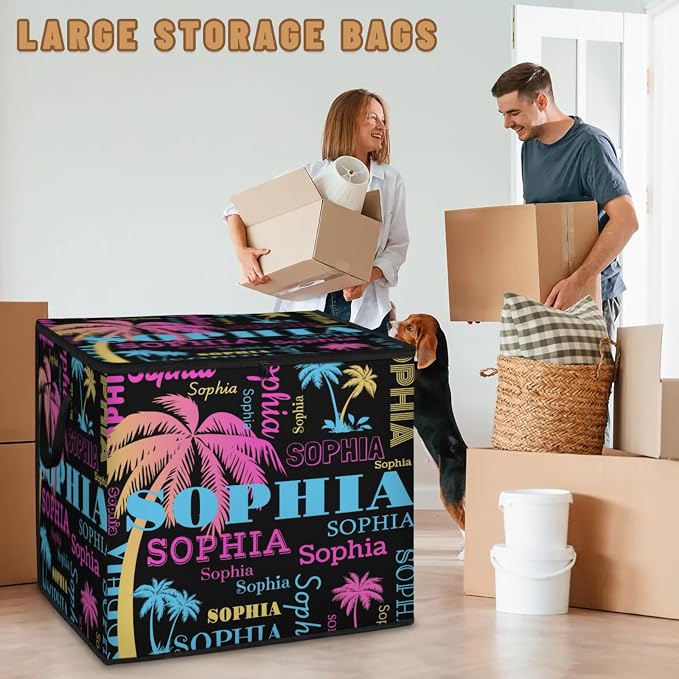 Custom Comforters Storage Basket with Lid, Personalized Name Large Organizer Bin for Children Toys, Books, Clothes, Perfect for Rooms/Playroom, Pink Blue Yellow Tropical Trees Names Black Background