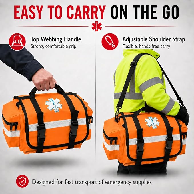NOVAMEDIC NM-RO63P Professional First Responder Bag, 17” x 9” x 7” Empty EMT Trauma Kit Carrier with Removable Dividers, Reflective Strips, Water-Resistant Base for Emergency Medical Supplies (Orange)
