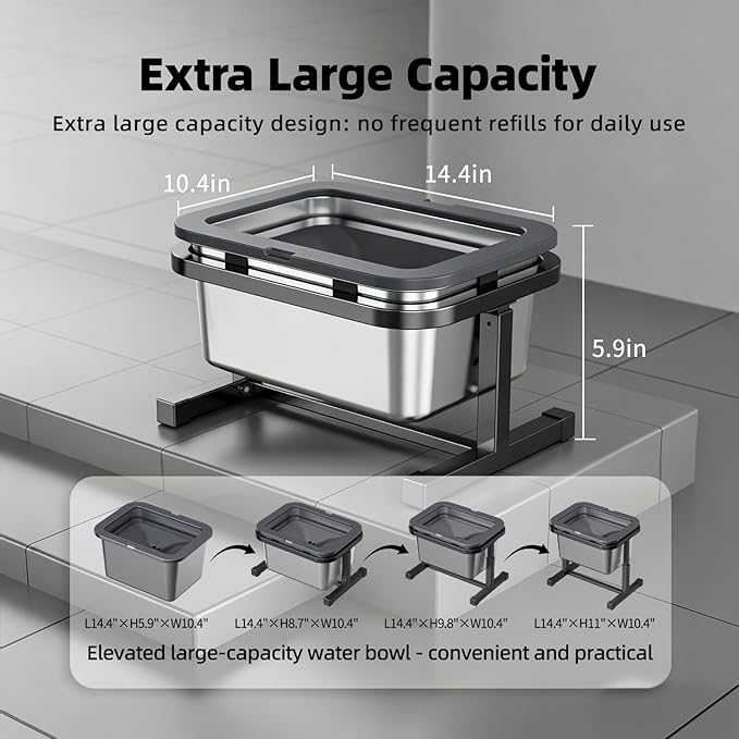 PAKEWAY 2.7 Gal Elevated No Spill & Slow Drinking Dog Water Bowl with Adjustable Metal Stand, Stainless Steel Bowl for Large Dogs & Multi-Pet Homes