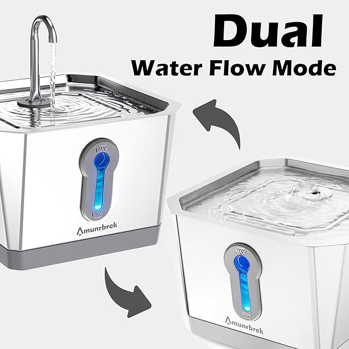 Amunrbrek Smart Cat Water Fountain with App, 3.5L Stainless Steel Gravity Pet Water Dispenser, Silent Pump, Low Water Alert & Drinking Tracking