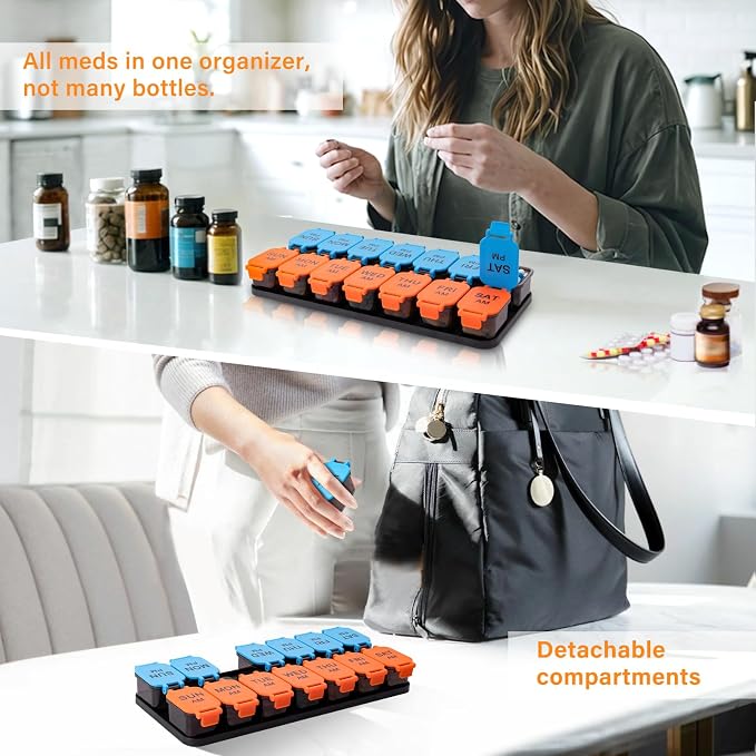 Yaklim Extra Large Weekly Pill Organizer, Detachable 7 Day AM PM Pill Box | XXL 14 Detachable AM PM Compartments;For Big Vitamins & Supplements; Easy to Open & Fill; Waterproof Seals; Easy Readability