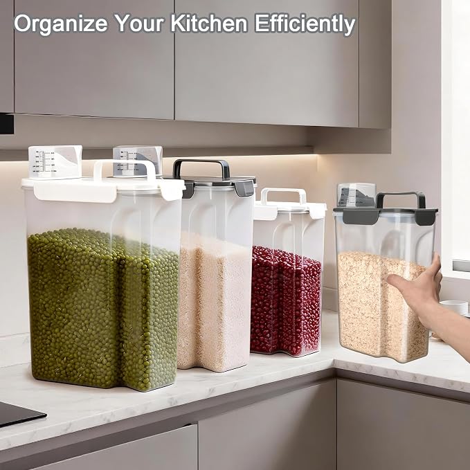 Rice Storage Containers, Airtight Cereal Containers Storage, with Pouring Spout Portable Handle for Flour, Pasta, Grain and Baking, Pet Dog Cat Bird Food Container 20lb White