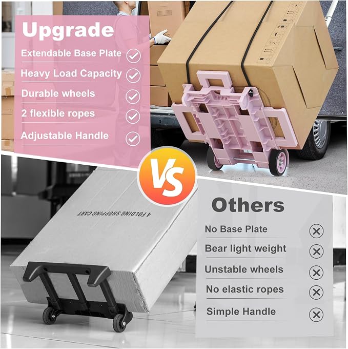 Folding Dolly Pink Hand Cart,Folding Hand Truck Aluminum Trolley | Small Dolly, Foldable Hand Cart 2 Wheel Luggage Trolley Expandable Large Chassis Foldable into Backpack Car Trunk