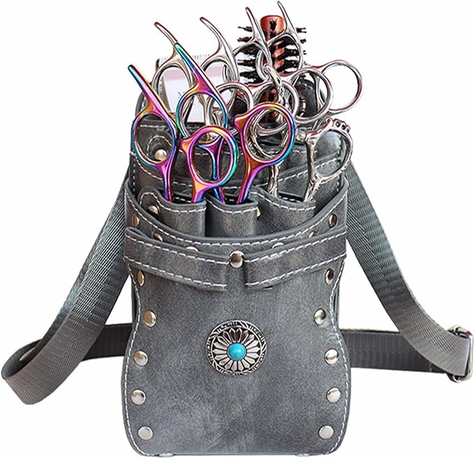 Jiawu Retro Barber Scissors Bag for Hairstylists, PU Leather 7-Slot Detachable Scissor Holder Bag, Crossbody Waist Tool for Scissors, Hair Clips, Combs, Clippers, Spray Bottle, (Grey)