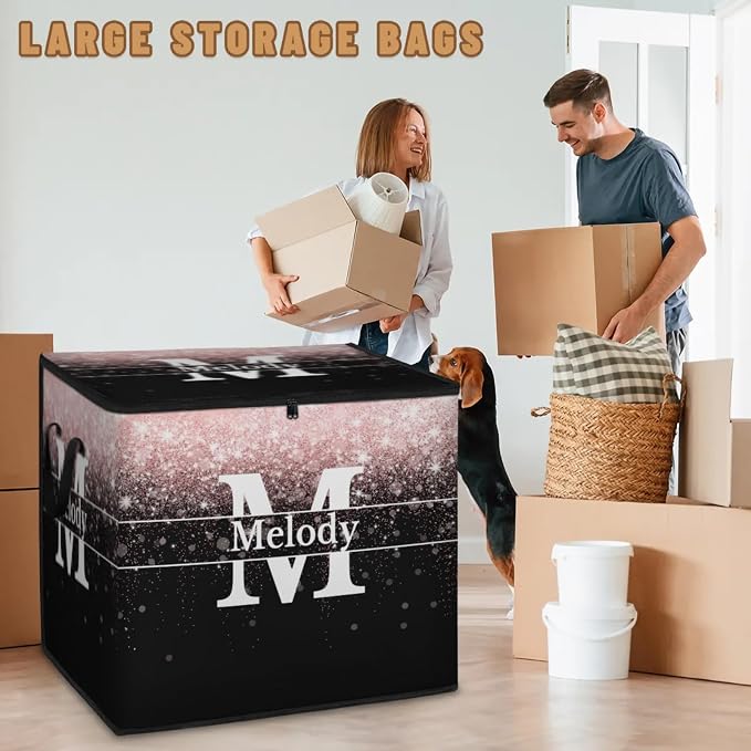 Custom Comforters Storage Basket with Lid, Personalized Name Initial Letter Large Organizer Bin for Pet/Children Toys, Books, Clothes, Perfect for Rooms/Playroom, Pale Pink Bling with Black