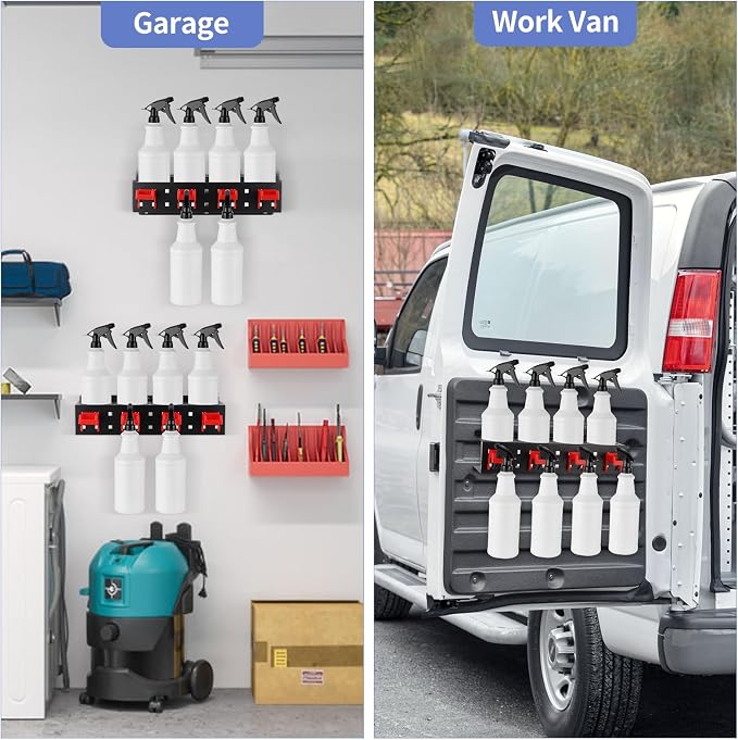 MOLIGOU 2 Pcs Spray Bottle Holder Wall Mount, Detailing Bottle Organizer, Spray Bottle Rack with 4 Holes and 4 Hooks