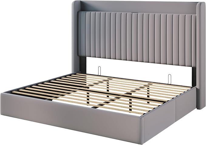 SHA CERLIN King Size Lift Up Storage Bed Frame, Charging Station, Grey | Storage Headboard with Charging Station, USB, Type-C Port Velvet Hydraulic Storage Bed No Box Spring Needed Noise Free