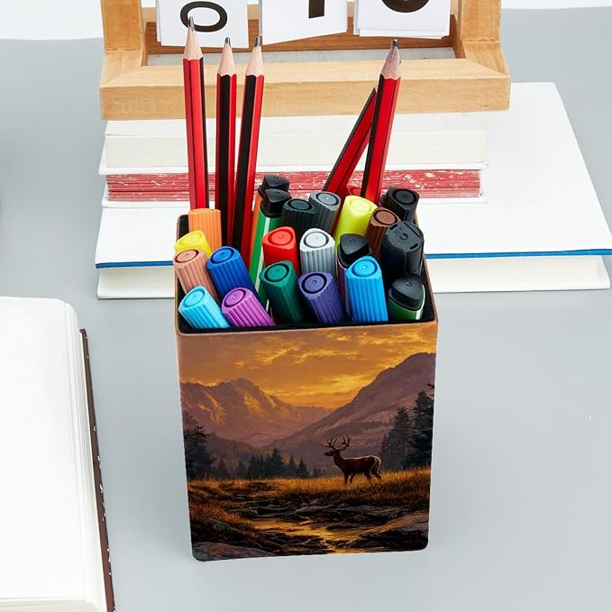 Sunset and Deer Pen Holder for Desk Decor, Rectangular PVC Leather Pencil Cup for Desk Pen Organizer, Makeup Brush Holder for School, Home, Office