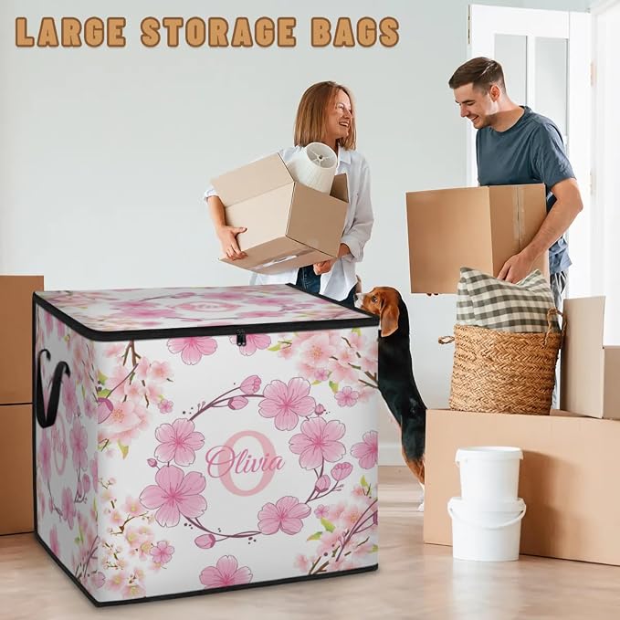 Personalized Extra Large Storage Basket with Lid, Comforters, Bedding Quilt Storage Bin Initial Letter for Home, Collapsible Basket for Clothes, Moving, Car Trunk, Pink Cherry Blossom Flower