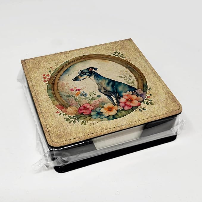 Caroline's Treasures Greyhound and Flowers PU Leather Note Paper Holder with Artist-Designed Cover, Desk Accessory, Office Gift