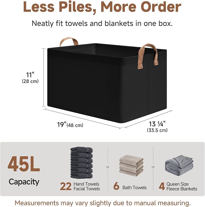 StorageWorks Fabric Storage Bins, Linen Closet Organizers, Black, 2-Pack | 45L, With Reinforced PU Handles, Metal Frame, Collapsible, Storage Basket for Shelves, Closet, Holds Clothes, Towels, Blanket