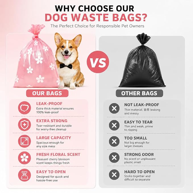 Cherry Blossom Scented Dog Poop Bags - 24 Rolls 360 counts | Leak Proof Extra Large 13x9 Inch Pink Dog poop bags rolls with Dispensers, Fragrance Bags for Dogs Walking and Cat Litter