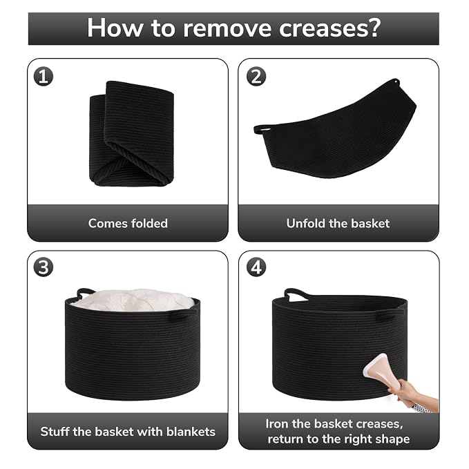 Goodpick Large Woven Dirty Clothes Basket for Nursery & Living Room, 65L | 19.7 x 19.7 x 12.6 In Storage Basket for Nursery, Blanket Basket for Towels Clothes,,Black