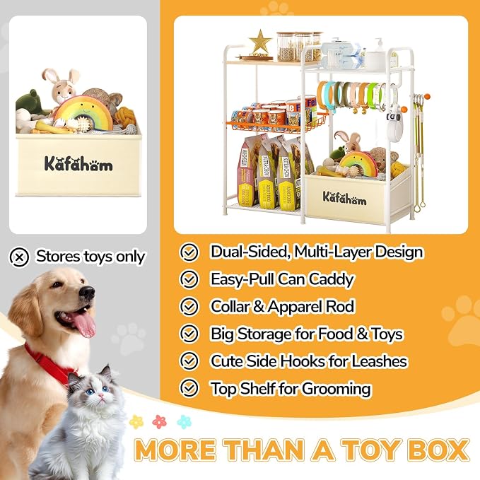 KAFAHOM Dog Toy Bin, Multi-Functional Dog Toy Basket with Collar Rod & Can Dispenser, Puppy Essentials Shelf, Dog Stuff Box, Perfect Basket for Dog Toys in Living Room, Great Gift for Pet Lovers