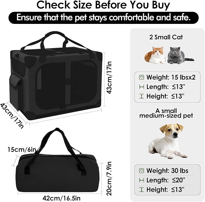 Extra Large 2-Cat Foldable Pet Travel Carrier,24"x17"x17",Black | Removable Divider, Metal Frame Support, Breathable Mesh Panels, With Storage Tote & Padded Straps