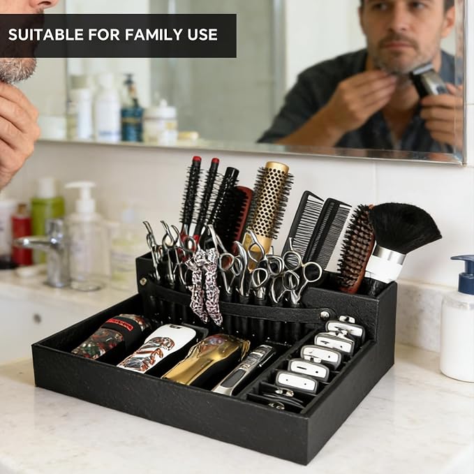 Barber Organizer Tray, 13.9 x 11.2 x 4.4 inch Adjustable Station for Clippers & Guards Scissors, Multifunctional Non-slip Barber&Salon Hair Tools Holder, with PU Leather Exterior Hairdressing Case